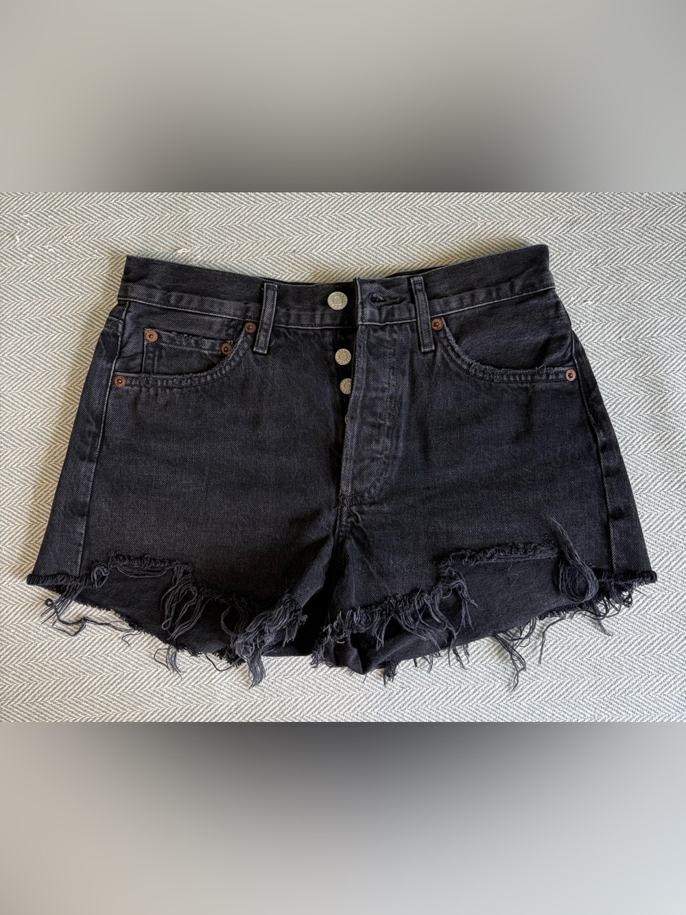Agolde Black High-Rise Distressed Denim Shorts